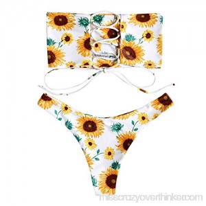 JESPER Women Sexy High Cut Sunflower Print Swimsuit Strapless Drawstring Bandeau Bikini White B07MR26NFS